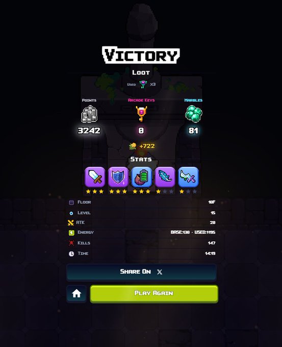 A mobile game "VICTORY" screen showing stats including Points 3242, Arcade Keys 8, Marbles 81, Floor 18, Level 15, and Energy "Base 308".