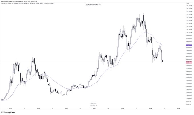 The image shows a graph of Bitcoin's price over time, with a black line representing the value of Bitcoin at different points in time. The graph displays a downward trend, indicating that the Bitcoin price has been decreasing. This aligns with the post's title "Are they still denying that this is a bear market? #bitcoin".