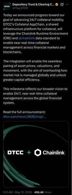 A tweet from @The_DTCC announces DTCC's Collateral AppChain, a shared infrastructure platform powered by Chainlink (LINK) to enable 24/7 collateral mobility and management across financial markets. The graphic below the text displays the DTCC and Chainlink logos side-by-side, visually reinforcing the partnership mentioned in the accompanying post about Ripple Prime utilizing this tokenized collateral management system.