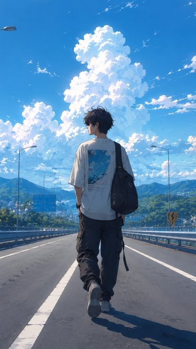 An anime-style illustration of a person with black hair walking on an empty highway toward a bright sky with fluffy white clouds, mountains in the distance, carrying a black bag.