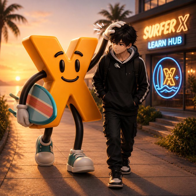 An anime-style boy in a black hoodie walks alongside an anthropomorphic smiling yellow X character holding a surfboard, outside a storefront labeled 'SURFER X LEARN HUB'.