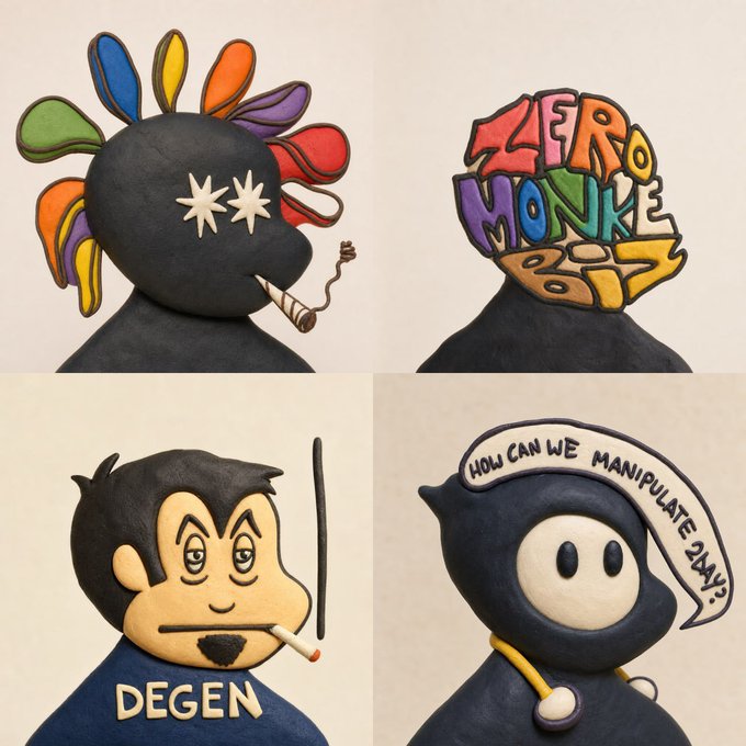 A 2x2 grid of colorful 3D-rendered avatar sculptures featuring: a black figure with rainbow hair-like protrusions smoking a cigar (top-left), a "ZERO MONKEY BONES" text-topped figure (top-right), a "DEGEN" monkey character smoking a cigarette (bottom-left), and a hooded figure with a speech bubble reading "HOW CAN WE MANIPULATE ZNAYS?" (bottom-right). The image showcases the artistic variety of the @0xClayFactory NFT collection, highlighting the team's range of creative 3D clay-style pieces before their 3203-piece 1/1 mint in September.