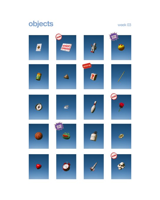 A poster titled 'objects week 03' featuring a 5x4 grid of small blue squares containing various items like a basketball, clock, rose, and skull, some marked with 'RARE' or 'MYSTERY BOX' labels.