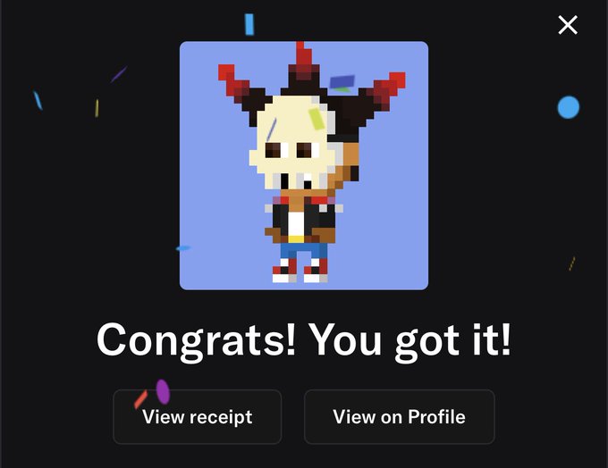 A pixel art character reveal screen with confetti, displaying "Congrats! You got it!" with buttons for "View receipt" and "View on Profile."