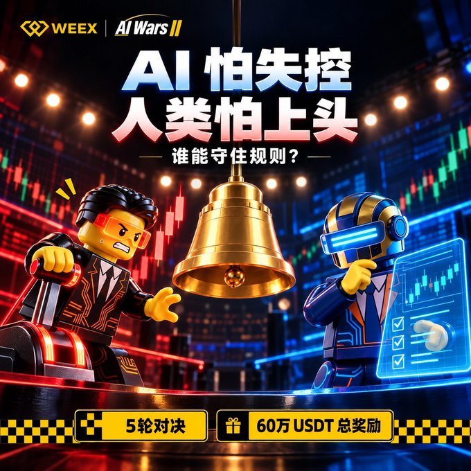A promotional graphic for "WEEY AI Wars II" featuring two Lego-style figures with an AI theme, Chinese text reading "AI 怕失控 人类怕上头" and "谁能守住规则？", along with offers of "5轮对决" and "60万USDT总奖励".