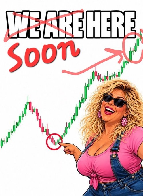 A vibrant promotional graphic featuring a smiling blonde woman in sunglasses and a pink shirt pointing at a stock chart, with text reading 'WE ARE HERE' crossed out and 'Soon' in red script, along with arrows and circled areas on the chart.