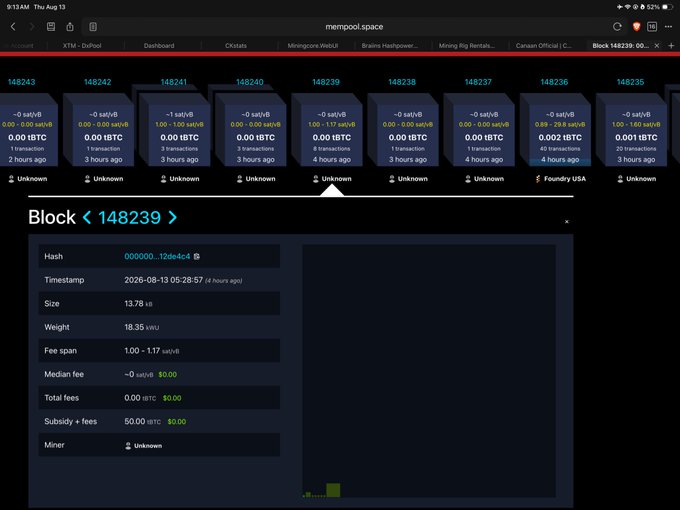 The screenshot displays block 148239 on mempool.space—a testnet4 block mined by an unknown miner, sized 13.78 kB with 18.35 vus weight and a 50 BTC subsidy, confirming the long‑awaited block hit after two months of mining with a Hammer BC04.