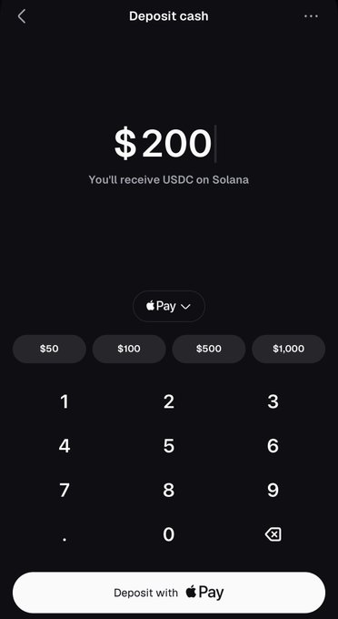 A mobile app screenshot showing a "Deposit cash" screen for $200, which will be received as USDC on Solana, with a numeric keypad and "Deposit with Apple Pay" button.