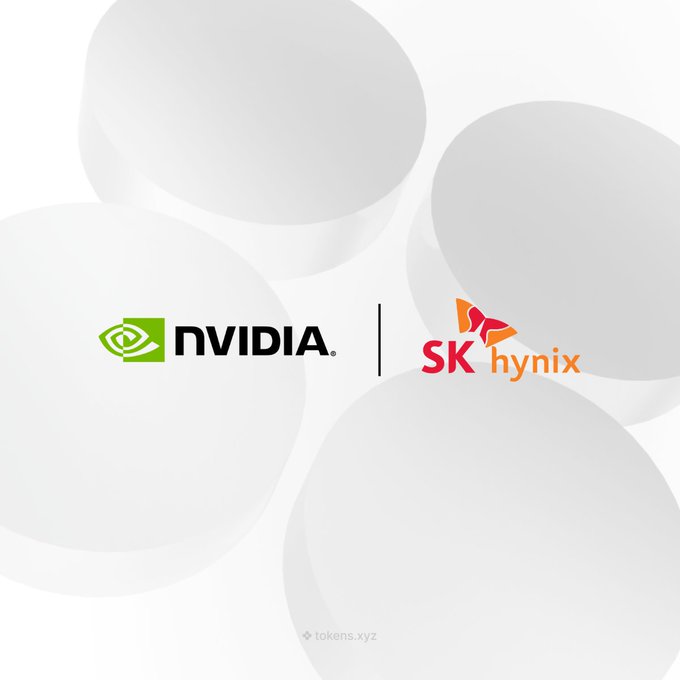 The image features a white background with two logos - one for NVDIA, a company that makes computer chips, and another logo for SKhynix, an AI-focused tech company. The logos are positioned next to each other on the same circle, indicating their collaboration in developing memory technology. The text "NEW: @Nvidia and @SKhynix have struck a multiyear deal to co-develop memory for Nvidia'S next-gen platforms" is also present in the image. This suggests that both companies are working together to create innovative solutions for the future of computer chips, with NVDIA providing the hardware components and SKhynix focusing on AI-related aspects.