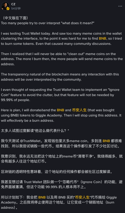 A bilingual social media post by user CZ (543分钟) explains testing Trust Wallet, burning meme coins, and donating BNB and 币安人生 tokens to Giggle Academy.