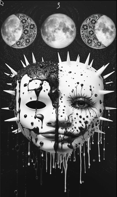 The image displays a spiked, half-white/half-decaying mask with dripping paint, positioned below three moons (two patterned crescents and a full moon) and the number '3' at the top.