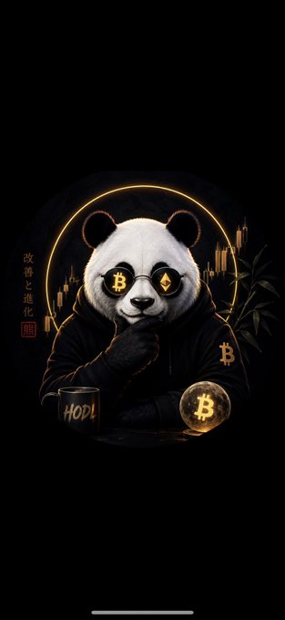 A stylized digital illustration of a panda wearing a black hoodie and sunglasses with the Bitcoin logo on the lenses, surrounded by gold coins and candlestick chart patterns with Chinese characters on the side.