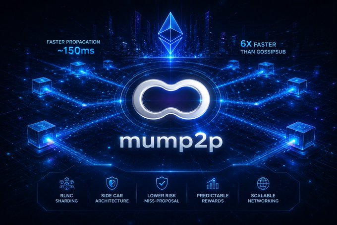 A promotional graphic for 'mump2p' cryptocurrency, claiming '6X FASTER THAN GOSSIPSUB' and 'FASTER PROPAGATION ~150ms', with features including RLNC Sharding, Side Car Architecture, Lower Risk Miss-Proposal, Predictable Rewards, and Scalable Networking.