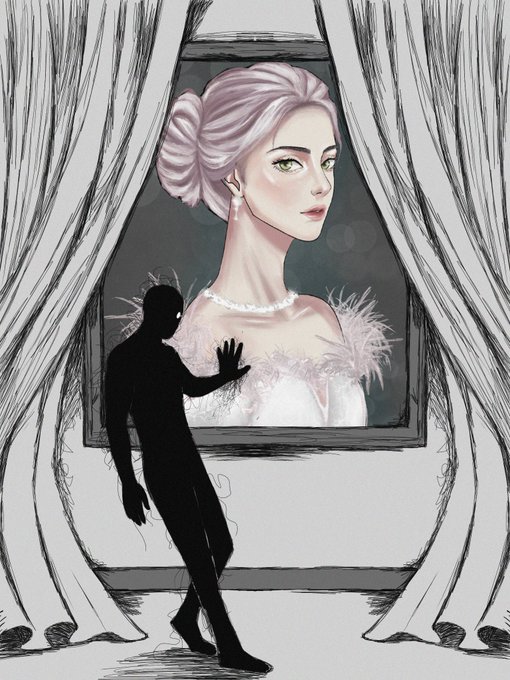 An artistic illustration showing a black silhouette of a person reaching toward a framed portrait of a woman with an updo hairstyle, set against a backdrop of sketched curtains.
