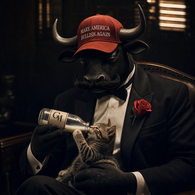 A dapper bull in a tuxedo with a red rose boutonnière and "MAKE AMERICA BULLISH AGAIN" cap feeds milk from a "GM" bottle to a kitten, echoing the post's bullish rallying cry and signaling $CATE as the next big onboarding coin of the cycle.
