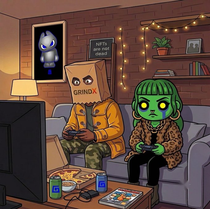 Cartoon illustration of two characters (one with a GRINDX paper bag head) playing video games on a couch, with an "NFTs are not dead" sign and a framed NFT picture on the wall.