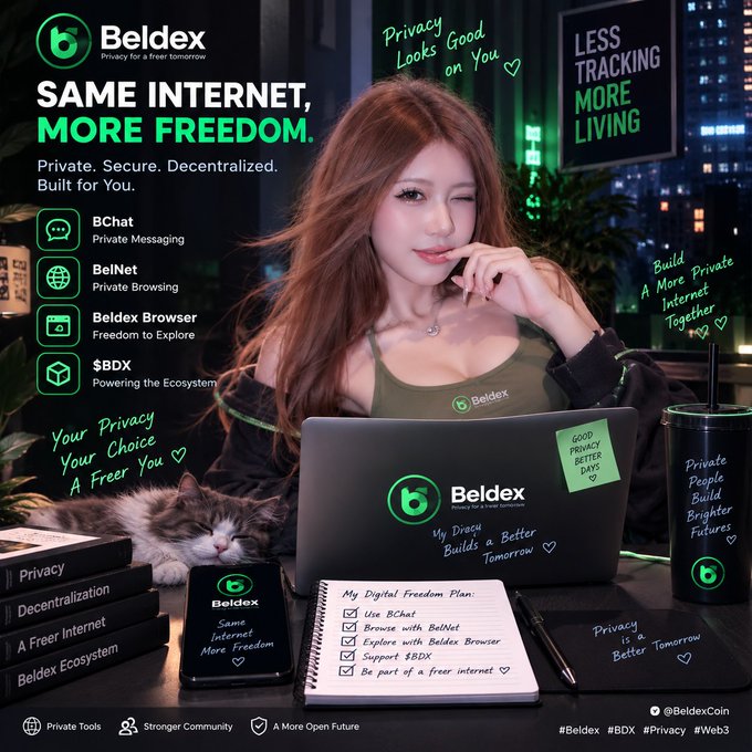 A promotional advertisement for 'Beldex' cryptocurrency featuring a woman winking next to a laptop with the Beldex logo, promoting 'SAME INTERNET, MORE FREEDOM' with various product features listed.