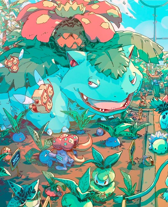 A vibrant, stylized illustration features Venusaur from Pokémon as a giant creature with a large pink flower on its back, surrounded by various smaller Pokémon in a lush garden setting.