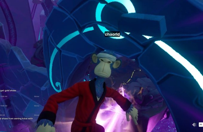 A video game screenshot showing a cartoon monkey character in a red robe labeled "chaorld" inside a sci-fi structure, with chat messages visible on the left.