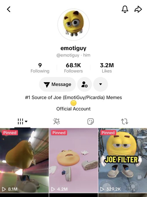 Screenshot of the "emotiguy" (@emotiguy) TikTok profile showing 68.1K followers, 3.2M likes, and the bio "#1 Source of Joe (EmotiGuy/Picardia) Memes - Official Account," with three pinned Joe Filter videos (8.1M, 4.2M, and 329.2K views). The image visually supports the caption by showing the account's growth, now reflected by the +28,000 new followers milestone noted for the $JOE TikTok account.