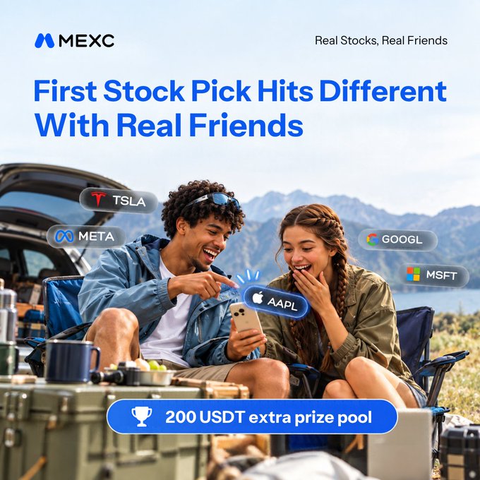 The image is a promotional advertisement for MEXC featuring two smiling friends sitting outdoors with camping gear, looking at a smartphone displaying stock tickers including TSLA, META, AAPL, GOOGL, and MSFT. Bold text reads "First Stock Pick Hits Different With Real Friends" with a banner highlighting a "200 USDT extra prize pool," directly supporting the post's call to tag friends and celebrate their first stock trades on the platform.