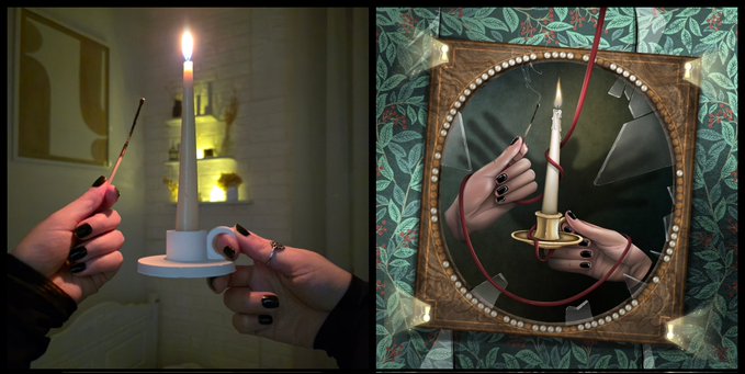 The image shows two photos of hands holding a candle, with one hand holding a white candle and the other hand holding a red candle. The background for both images features a green floral patterned wall. The caption reads "GM art lovers" and "The Candle", indicating that this is an art-related post or image featuring candles as its central theme.