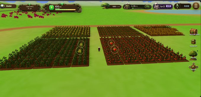 A screenshot of a farming simulation game showing cultivated fields with crops, a small character figure, and user interface elements including inventory, market, and tutorial buttons.