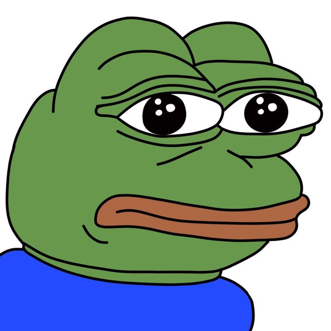 A classic 'Sad Pepe' cartoon - a green frog face with large sad, droopy eyes and a frowning mouth wearing a blue shirt, the popular internet meme expressing melancholy.