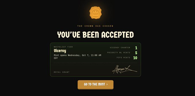 The image displays an acceptance notification for the "Viceroy" Mictlist Tier with 1 Viceroy Charter, 5 Priority WL Mints, and 10 FCFS Mints, signed as a Royal Grant. The post contextualizes this by announcing Wave 1 application approvals, noting the Priority WL mint opens on Wednesday, October 7th at 11:00 AM EDT as shown on the screen.