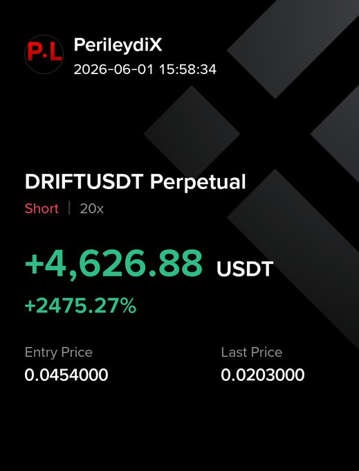 The text in the image reads "DRIFT hedefe ulaştı. Kanalda paylaştıgımiz. Giriş: 0.0454 Fiyat: 0.0203 Getiri: %2475+ Kâr: 4,626USDT Takip edenleri tebrik ederim". This is an image of a screen where we can see the details about the post on it. The post shows that there has been a change in the price of a cryptocurrency over time.