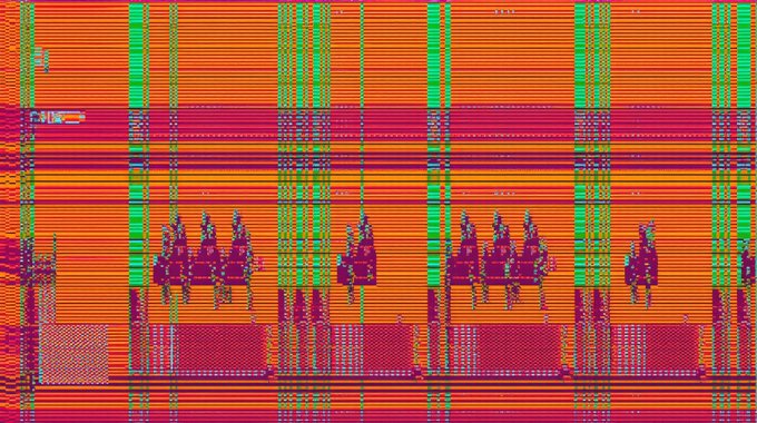 A heavily distorted, glitched image with horizontal red, orange, and green stripes partially revealing repeated figures of what appears to be a person on horseback.