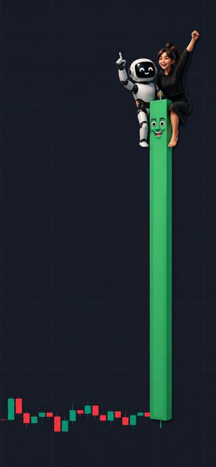A woman and a robot sit triumphantly atop a soaring green bar with a smiling face, emerging from a candlestick chart that rockets upward on the right side, symbolizing the post's promise to "build, not to rug" and send the project (CA: ACnFvf7dNgTG5GpNnTSQe5SykUNb5pBTi3TrQGiTpump) to the moon together.