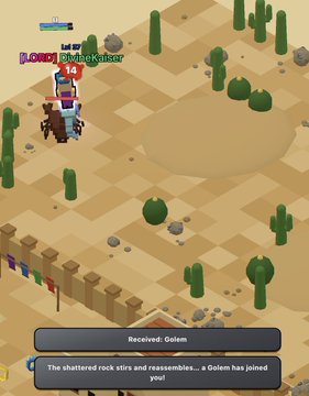 A pixel art game scene shows a desert landscape with cacti where a notification reads "The shattered rock stirs and reassembles... a Golem has joined you!" after receiving a Golem.