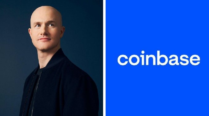 A split image showing a portrait of a bald man on the left and the "coinbase" logo on a blue background on the right.