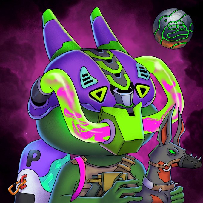 The image features a cartoon character wearing a purple helmet with green horns, standing next to a dog. The character has a backpack on their back and appears to be holding a gun. The background of the image is dark purple, creating an intense atmosphere. There are also other elements in the image that seem unrelated to the main focus - a rocket ship and a planet. The post about the character's existence seems to be discussing the character's rarity or uniqueness, possibly related to the character being a part of a specific series or franchise.