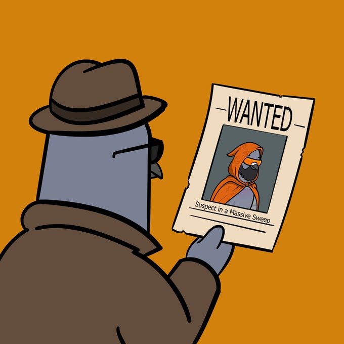 A detective in a brown trench coat and fedora holds up a "WANTED" poster featuring a hooded figure in an orange cloak, with the caption "Suspect in a Massive Sweep." The image illustrates the post's description of a cloaked suspect "armed with ETH," personifying a cryptocurrency trader executing a large-scale Ethereum transaction.