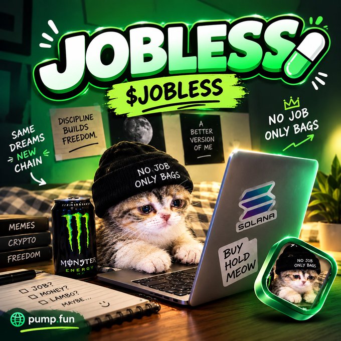A promotional crypto meme coin image for "$JOBLESS" on pump.fun and Solana, featuring a kitten wearing a "NO JOB ONLY BAGS" beanie with a Monster Energy drink, laptop, and various slogans like "DISCIPLINE BUILDS FREEDOM."