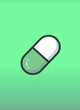 A simple illustration of a green and white capsule pill on a light green background.