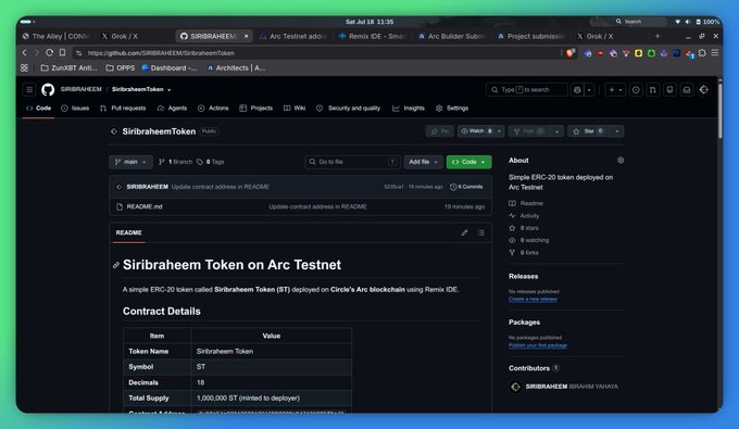 Screenshot of a GitHub repository page titled 'SIRIBRAHEEM / SiribraheemToken,' showing a README for a simple ERC-20 token called Siribraheem Token (ST) deployed on Circle's Arc blockchain using Remix IDE.