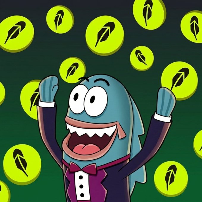A cartoonish blue shark-like character in a tuxedo with a purple bowtie raises its arms joyfully amid floating yellow coins bearing black feather/leaf symbols on a dark green background.