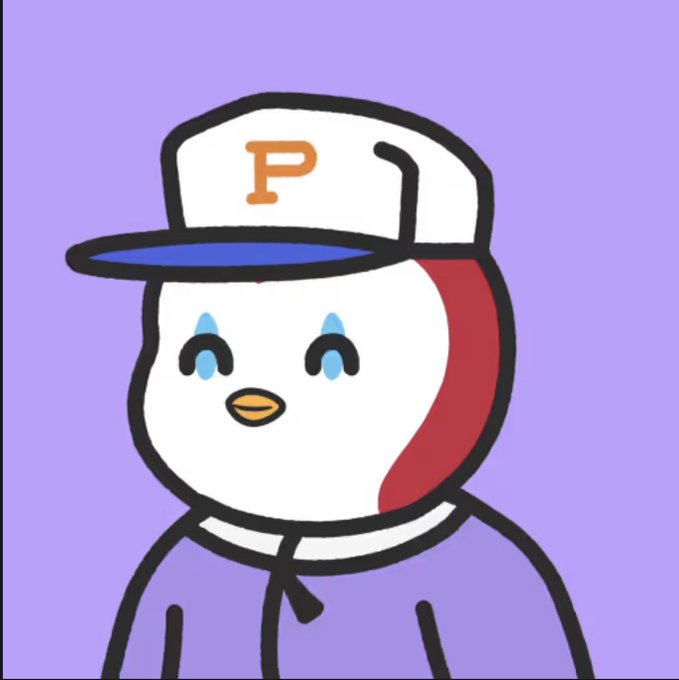 An illustration of a cute cartoon penguin-like character wearing a white and blue baseball cap with an orange 'P' on a light purple background.
