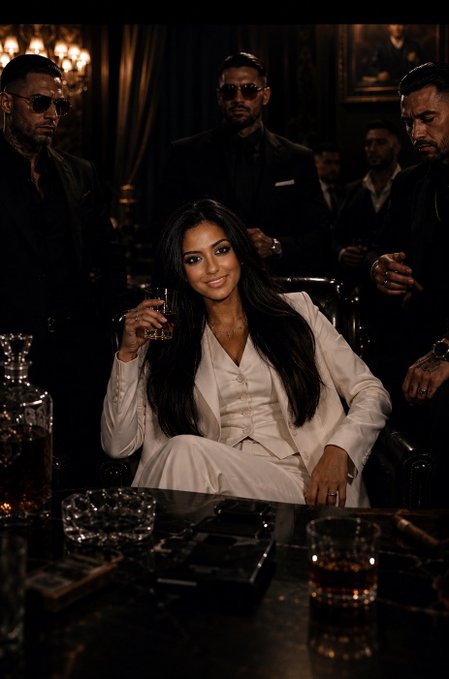 A woman in a white suit sits at a table holding a glass of liquor, flanked by three men in dark suits and sunglasses in a dimly lit, luxurious room with chandeliers.