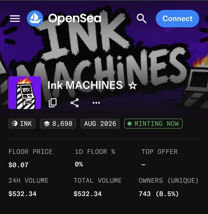 The image is a screenshot of an OpenSea NFT collection page for "Ink MACHINES" (ticker: INK), showing 8,698 items with a minting-now status, a floor price of $0.07, and 743 unique owners. This directly supports the post about the free mint on Ink Chain, as the page confirms the collection is currently live for minting.