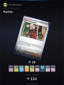 Screenshot of a 'Pack Results' screen from PapaBearded showing a Magic: The Gathering card pack containing 'Azul's Tranquility,' valued at 18 diamonds with a total pack value of 124.