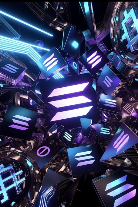 A futuristic neon Solana-themed illustration features floating geometric panels, glowing circuit-like lines, and prominent Solana logos in blue, purple, and white. It visually supports the “Rise and shine, Solana fam!” message and the Latin phrase “Mens sana in corpore sano” through its energetic, healthy-looking, high-tech aesthetic.
