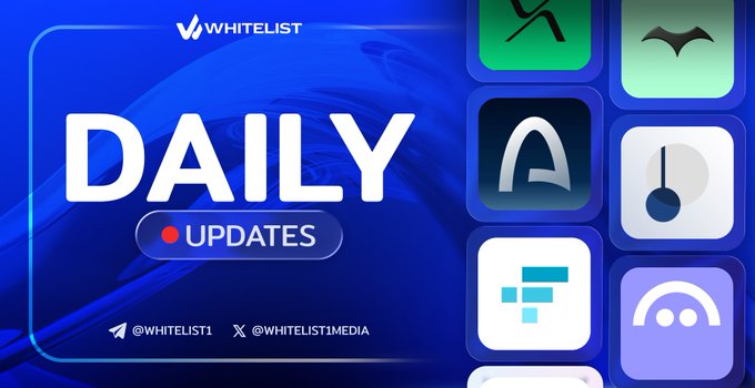 The image is a promotional graphic titled "DAILY UPDATES" by "WHITELIST," featuring the company's logo, social media handles (@WHITELIST1 on Telegram and @WHITELISTMEDIA on X), and various cryptocurrency icons on a blue background. It serves as a visual header for the accompanying post's crypto news roundup, which covers FTX creditor distribution updates and Aave announcements.