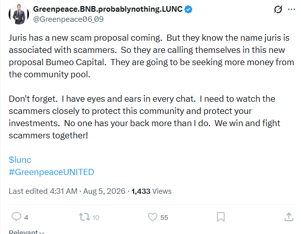 A social media post by 'Greenpeace.BNB.probablynothing.LUNC' (@Greenpeace06_09) warning about a new scam proposal related to 'Bumeo Capital' and 'juris', with hashtags '$lunc #GreenpeaceUNITED'.