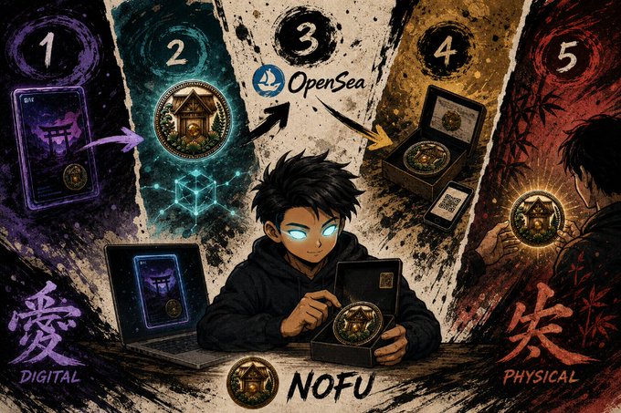 An anime-style illustration depicts a character with glowing blue eyes surrounded by five numbered sections showing digital and physical NFT collectibles, with text including 'OpenSea', 'NOFU', '愛 DIGITAL', and 'PHYSICAL'.