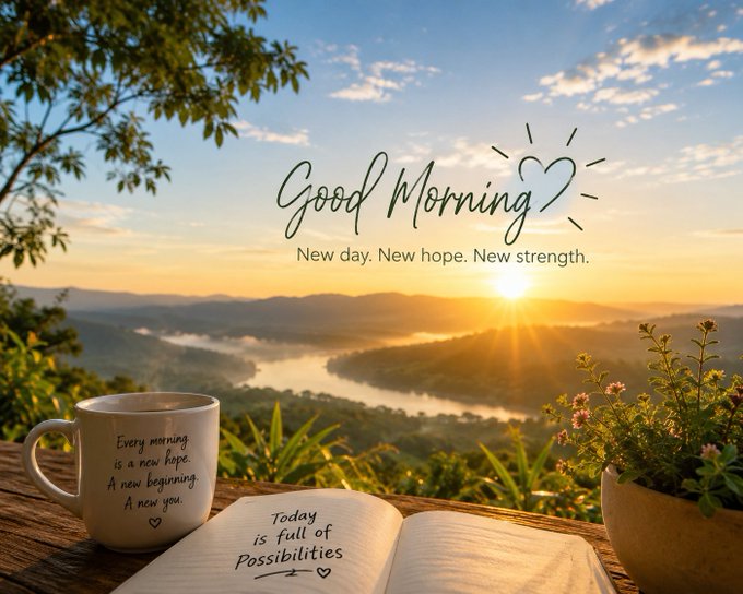 iced coffee and an open book with a heart-shaped note are displayed on a wooden table, accompanied by a sunrise over a river valley.
