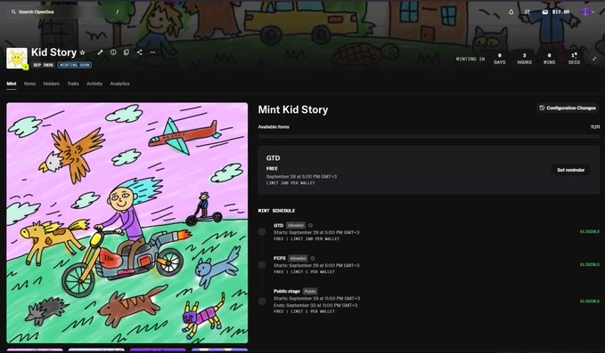 The image shows the OpenSea profile page for "Kid Story" (account 0x8759...3cDE), displaying a listed NFT for "GTD" with a floor price of 0.25 ETH (approximately $835.48) and minting scheduled for September 20, 2024 at 5:00 PM GMT+3. The child's drawing features a person riding a motorcycle surrounded by animals, an airplane, and clouds, visually tying into the "Kid Story" NFT collection project mentioned in the post.